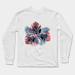 Orange blue watercolor jungle leaves Long Sleeve T-Shirt